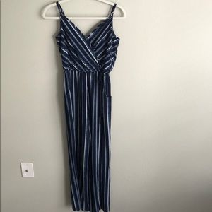Blue and white stripes drawstring waste jumpsuit
